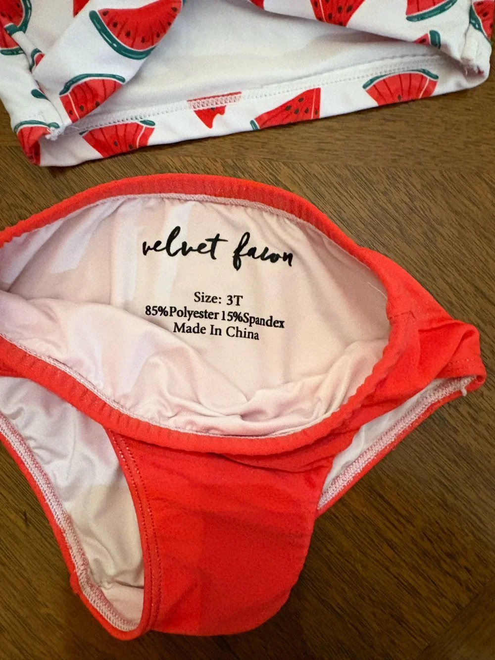Velvet Girls' White Watermelon Print Crop Top & Coral-Red Bottoms Swim Set